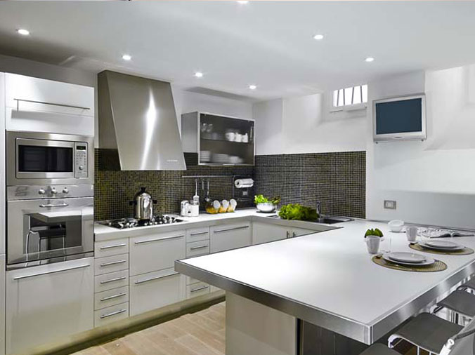 Modern kitchen with white cabninets and stainless steel appliances